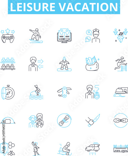 Leisure vacation vector line icons set. Vacation, Leisure, Break, Retreat, Getaway, Holiday, Recreation illustration outline concept symbols and signs