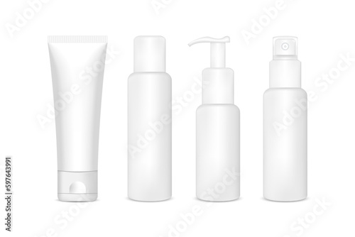 Blank cosmetic packaging mockup: tube, spray, bottle with press pump.bottle gel - Vector illustration.