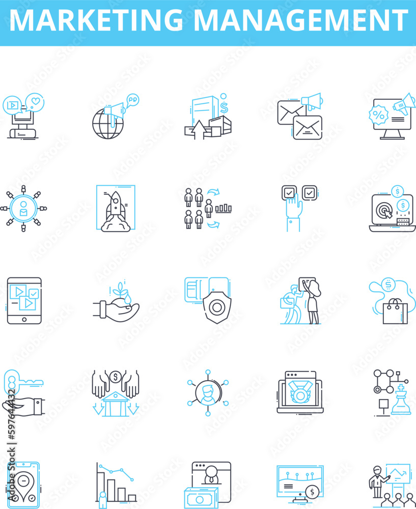 Marketing management vector line icons set. Strategy, Advertising, Branding, Research, Analysis, Segmentation, Targeting illustration outline concept symbols and signs Marketing management vector line icons set. Strategy, Advertising, Branding, Research, Analysis, Segmentation, Targeting illustration outline concept symbols and signs