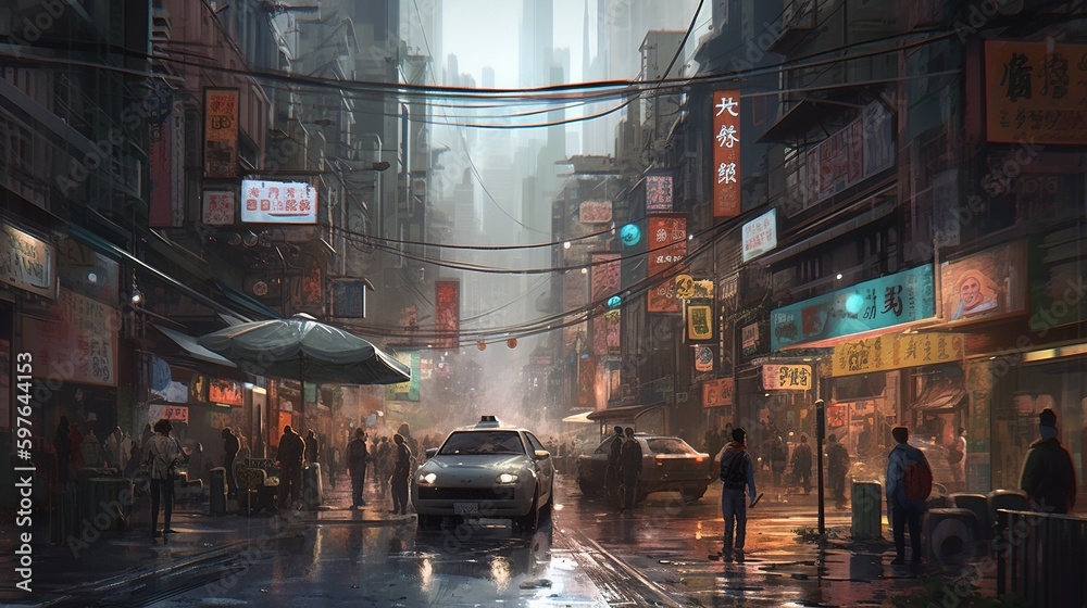 Obraz premium busy city with people, digital art illustration, Generative AI