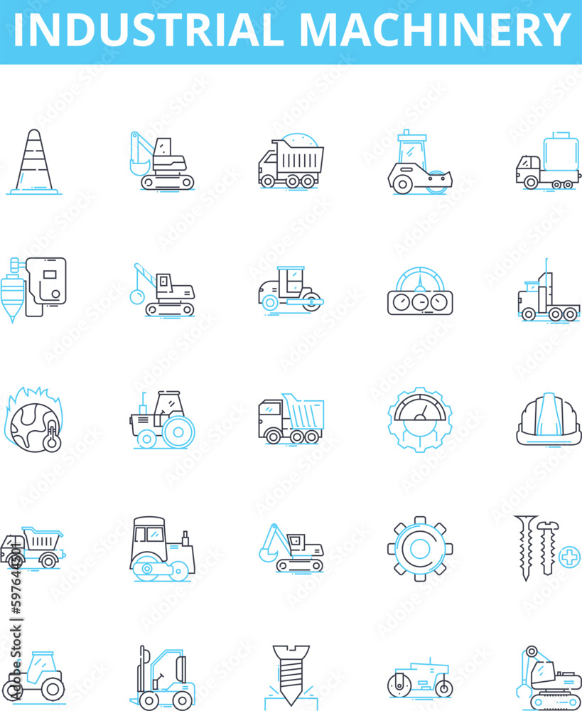 Industrial machinery vector line icons set. Industry, Machinery, Industrial, Equipment, Manufacturing, Automation, Production illustration outline concept symbols and signs Industrial machinery vector line icons set. Industry, Machinery, Industrial, Equipment, Manufacturing, Automation, Production illustration outline concept symbols and signs