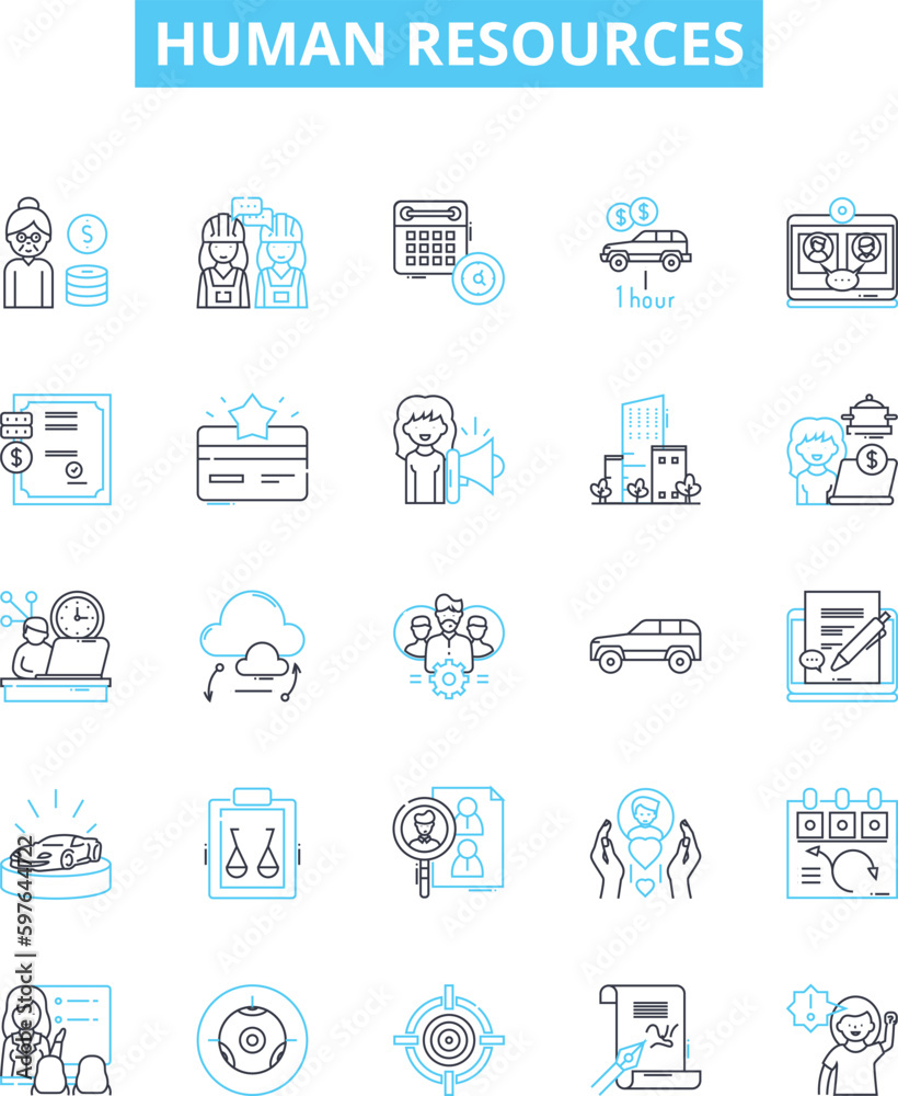 Human resources vector line icons set. Recruitment, Hiring, Job, Training, Benefits, Compensation, HR illustration outline concept symbols and signs Human resources vector line icons set. Recruitment, Hiring, Job, Training, Benefits, Compensation, HR illustration outline concept symbols and signs