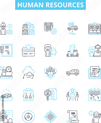 Human resources vector line icons set. Recruitment, Hiring, Job, Training, Benefits, Compensation, HR illustration outline concept symbols and signs