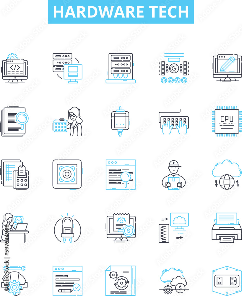 hardware tech vector line icons set. Hardware, Technology, Devices, Components, Gadgets, Networking, Network illustration outline concept symbols and signs