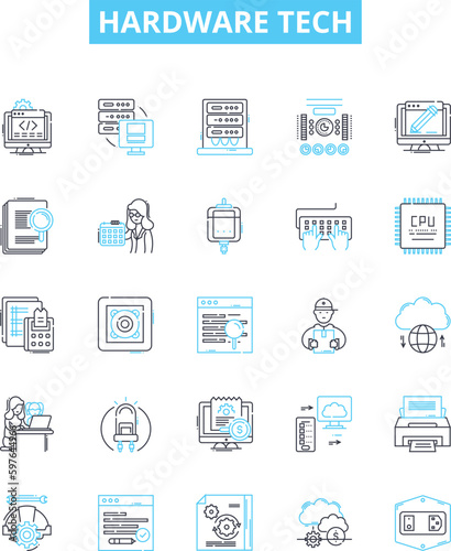 hardware tech vector line icons set. Hardware, Technology, Devices, Components, Gadgets, Networking, Network illustration outline concept symbols and signs