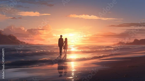 couple in love on sunset beach  digital art illustration  Generative AI