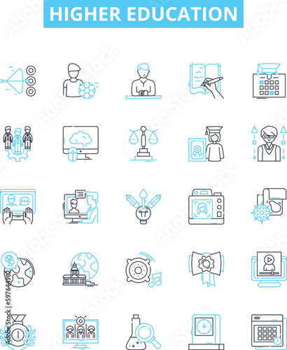 Higher education vector line icons set. Education, Higher, College, University, Academia, Learning, Diploma illustration outline concept symbols and signs