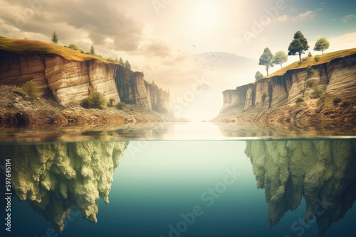 Fantastic surreal terrain of natural landscape and upside down sityscape with sea coastline. 