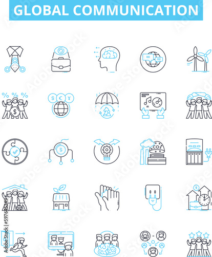Global communication vector line icons set. Interconnectivity, Worldwide, Technology, Networking, Digital, Instantaneous, Cross-cultural illustration outline concept symbols and signs