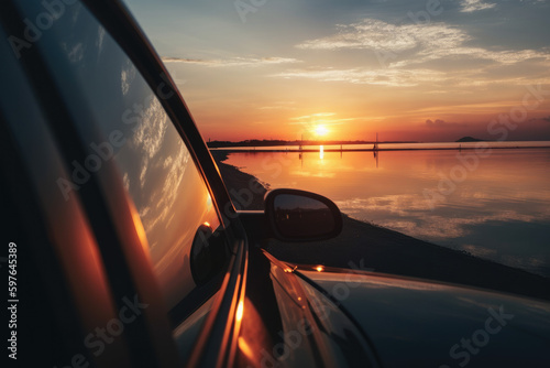 Driving sports car and rear view into the sunset.