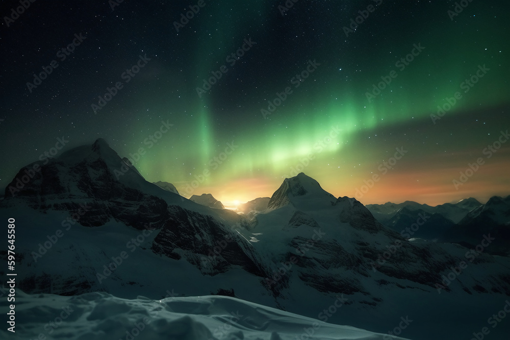 Aurora, Swiss Alps, star, snow, winter. AI generative Aurora, Swiss Alps, star, snow, winter. AI generative