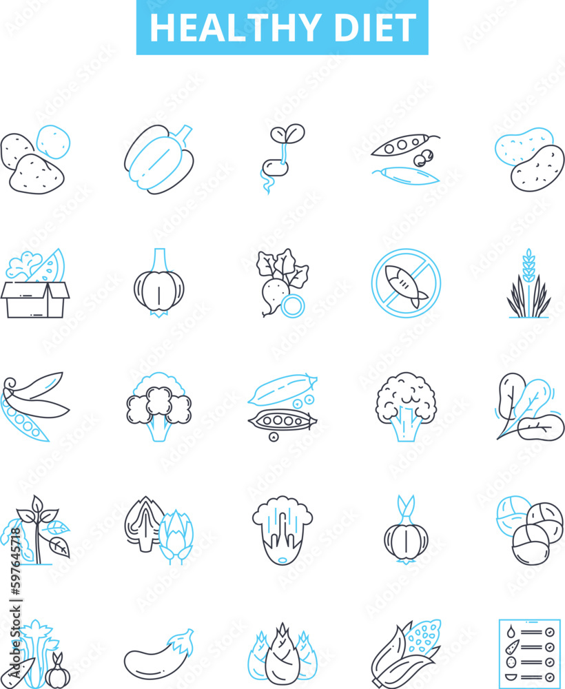 Healthy diet vector line icons set. Diet, Healthy, Nutrition, Fruits, Vegetables, Wholefoods, Lean illustration outline concept symbols and signs Healthy diet vector line icons set. Diet, Healthy, Nutrition, Fruits, Vegetables, Wholefoods, Lean illustration outline concept symbols and signs