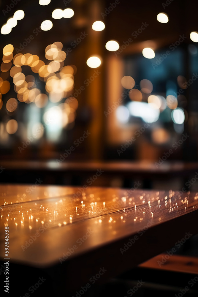 Image of wooden table in front of abstract blurred background of restaurant lights. AI generative Image of wooden table in front of abstract blurred background of restaurant lights. AI generative