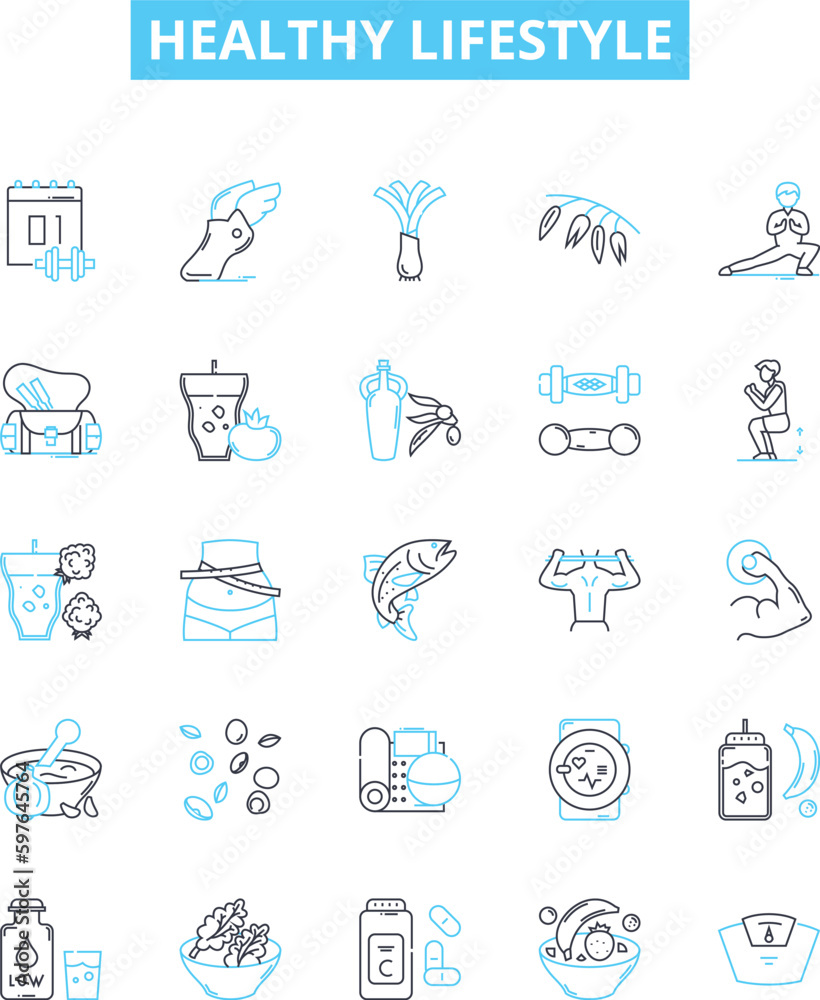 Healthy lifestyle vector line icons set. Exercise, Nutrition, Sleep, Diet, Hydration, Stress, Meditation illustration outline concept symbols and signs Healthy lifestyle vector line icons set. Exercise, Nutrition, Sleep, Diet, Hydration, Stress, Meditation illustration outline concept symbols and signs