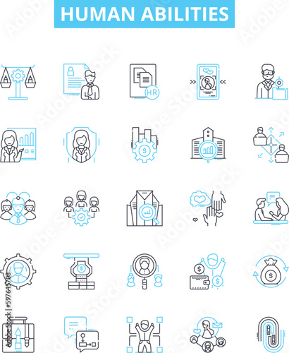 Human abilities vector line icons set. Ability, Skill, Cognition, Learning, Thinking, Creativity, Judgement illustration outline concept symbols and signs
