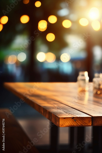 Image of wooden table in front of abstract blurred background of restaurant lights. AI generative