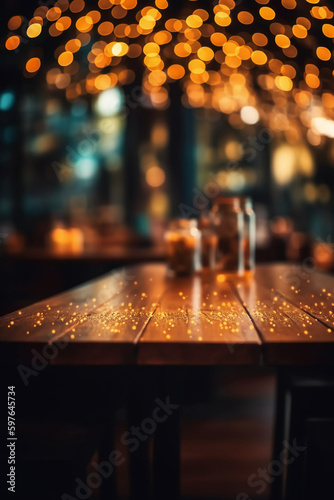 Image of wooden table in front of abstract blurred background of restaurant lights. AI generative © SANGHYUN