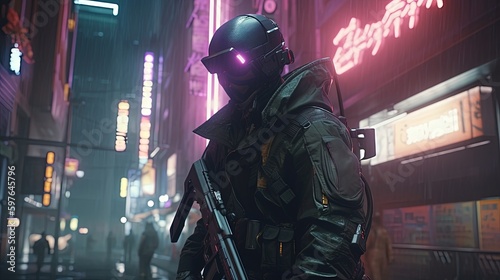 cyberpunk soldier navigates dystopian city, digital art illustration, Generative AI © Artcuboy