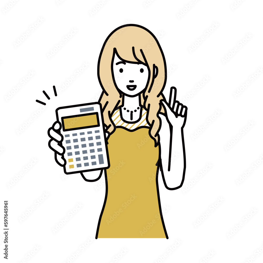 立って電卓を持ってこちらに向けて見せているドレスの女性 立って電卓を持ってこちらに向けて見せているドレスの女性
