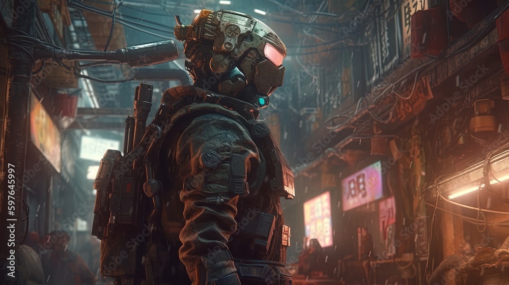 cyberpunk soldier amidst the debris, digital art illustration, Generative AI cyberpunk soldier amidst the debris, digital art illustration, Generative AI