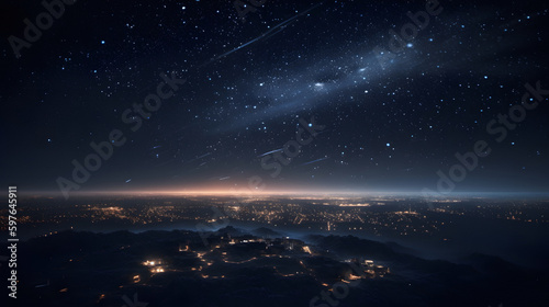 Enchanting Night Sky in Mountainous Landscape. A stunning night-time landscape of a galaxy in the sky  with majestic mountains and stars. Created with generative AI.