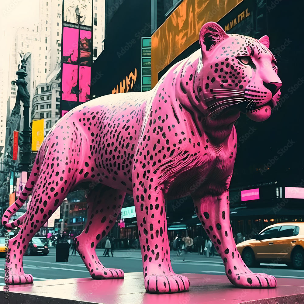 leopard on the roof. a pink jaguar animal in New York Times Square