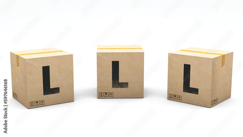 Fototapeta premium Krafte box with the letter L. Box made of paper in 3 different positions: front, left and right. Alphabet in 3D render. Easy cropping: one click. Isolated white background.