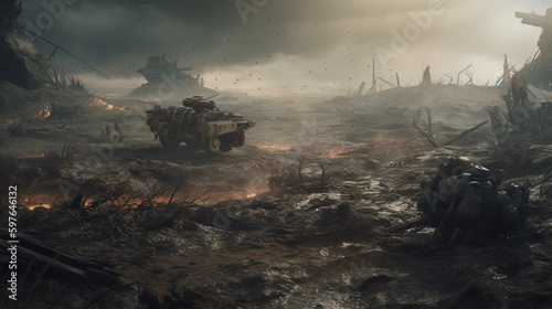 chaotic battlefield with soldiers  digital art illustration  Generative AI