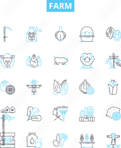 Farm vector line icons set. Farm, Agriculture, Crops, Livestock, Harvest, Fields, Tillage illustration outline concept symbols and signs