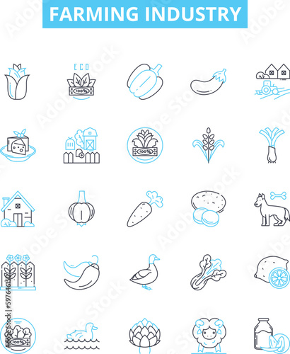 Farming industry vector line icons set. Agriculture, Crops, Livestock, Farming, Sowing, Harvesting, Irrigation illustration outline concept symbols and signs