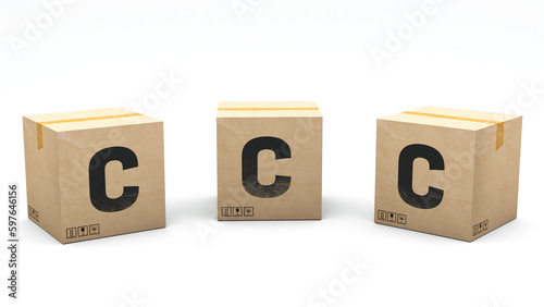 Krafte box with the letter C. Box made of paper in 3 different positions: front, left and right. Alphabet in 3D render. Easy cropping: one click. Isolated white background.