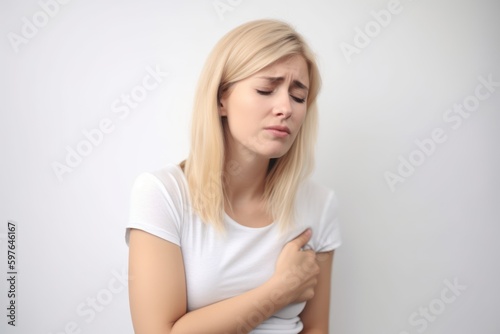 Young woman suffering from shoulder pain on white background. Health care concept. Generative AI