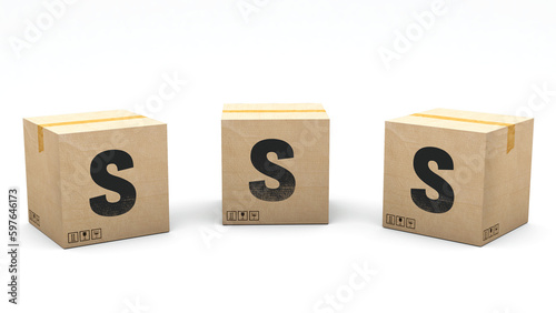 Krafte box with the letter S. Box made of paper in 3 different positions: front, left and right. Alphabet in 3D render. Easy cropping: one click. Isolated white background.