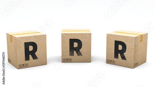 Krafte box with the letter R. Box made of paper in 3 different positions: front, left and right. Alphabet in 3D render. Easy cropping: one click. Isolated white background.