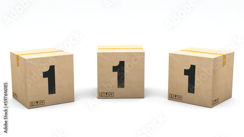 Krafte box with the number 1. Box made of paper in 3 different positions: front, left and right. Alphabet in 3D render. Easy cropping: one click. Isolated white background. photo