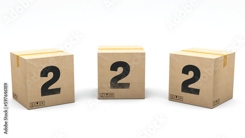 Krafte box with the number 2. Box made of paper in 3 different positions: front, left and right. Alphabet in 3D render. Easy cropping: one click. Isolated white background.