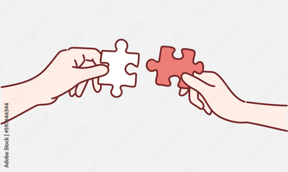 The man and woman holds in hand a jigsaw puzzle. Business solutions, success and strategy concept. Hand drawn style vector design illustrations.