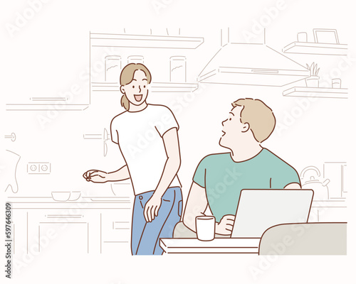 couple using laptop while cooking in kitchen at home. Hand drawn style vector design illustrations.