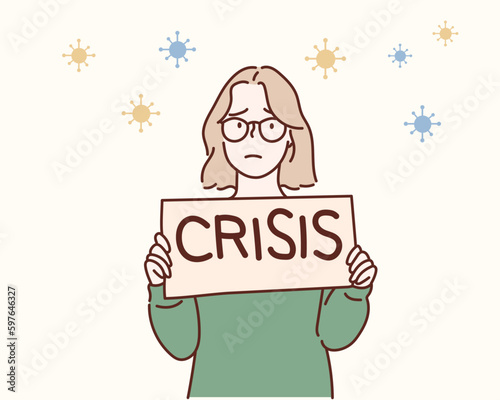 Young desperate woman stands barefoot and holds cardboard with text crisis.Hand drawn style vector design illustrations.