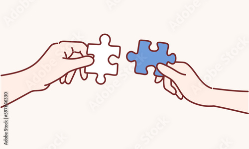 The man and woman holds in hand a jigsaw puzzle. Business solutions, success and strategy concept. Hand drawn style vector design illustrations.