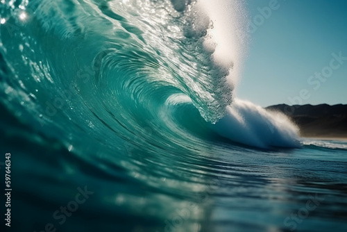 Tropical blue surfing wave. Sunshine in the wave barrel. No people. Beautiful deep blue tube wave in the Ocean. AI generative