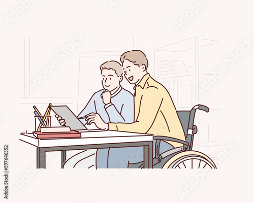 Young man in wheelchair with colleague at workplace. Hand drawn style vector design illustrations.