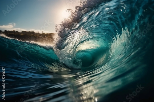Tropical blue surfing wave. Sunshine in the wave barrel. No people. Beautiful deep blue tube wave in the Ocean. AI generative © SANGHYUN