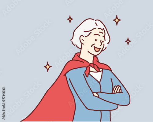 Successful Super oldwoman. Hand drawn style vector design illustrations.