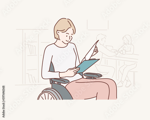  happy disabled Businesswoman on Wheelchair in modern office. Hand drawn style vector design illustrations.
