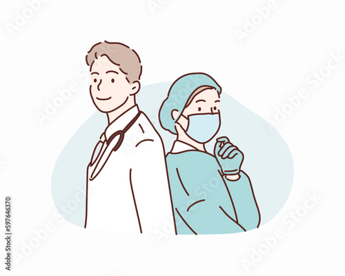 International doctor team. Hospital medical staff. Hand drawn style vector design illustrations.