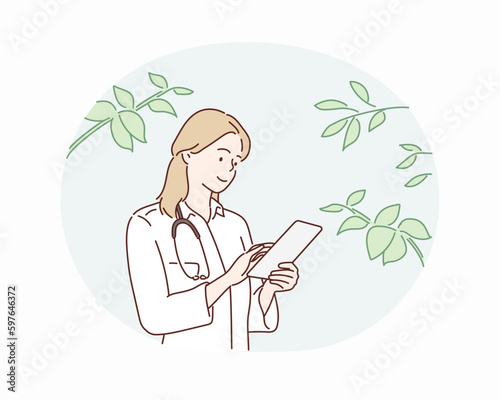 female doctor using her digital tablet in the consultation. Hand drawn style vector design illustrations.