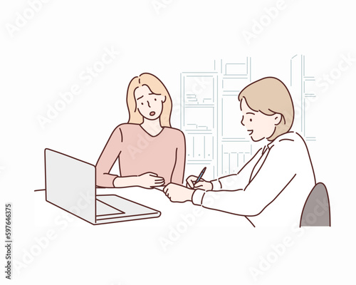 Smiling young female doctor in white medical uniform consult female patient using tablet on consultation. Hand drawn style vector design illustrations.