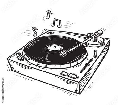 Black and white drawn vinyl turntable record player and musical notes
