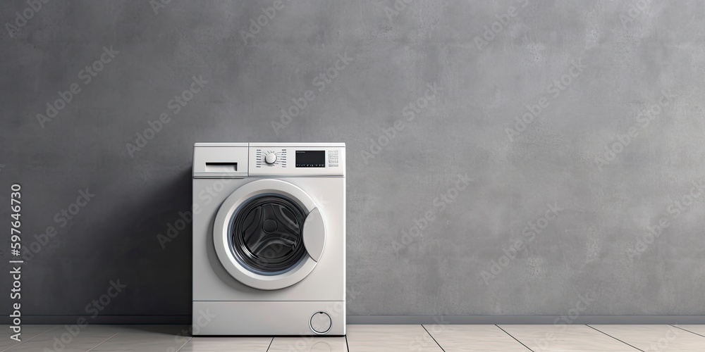 Modern washing machine in room with blank wall, 3d rendering, space for text. Minimalist home. Laundry concept. Generative AI